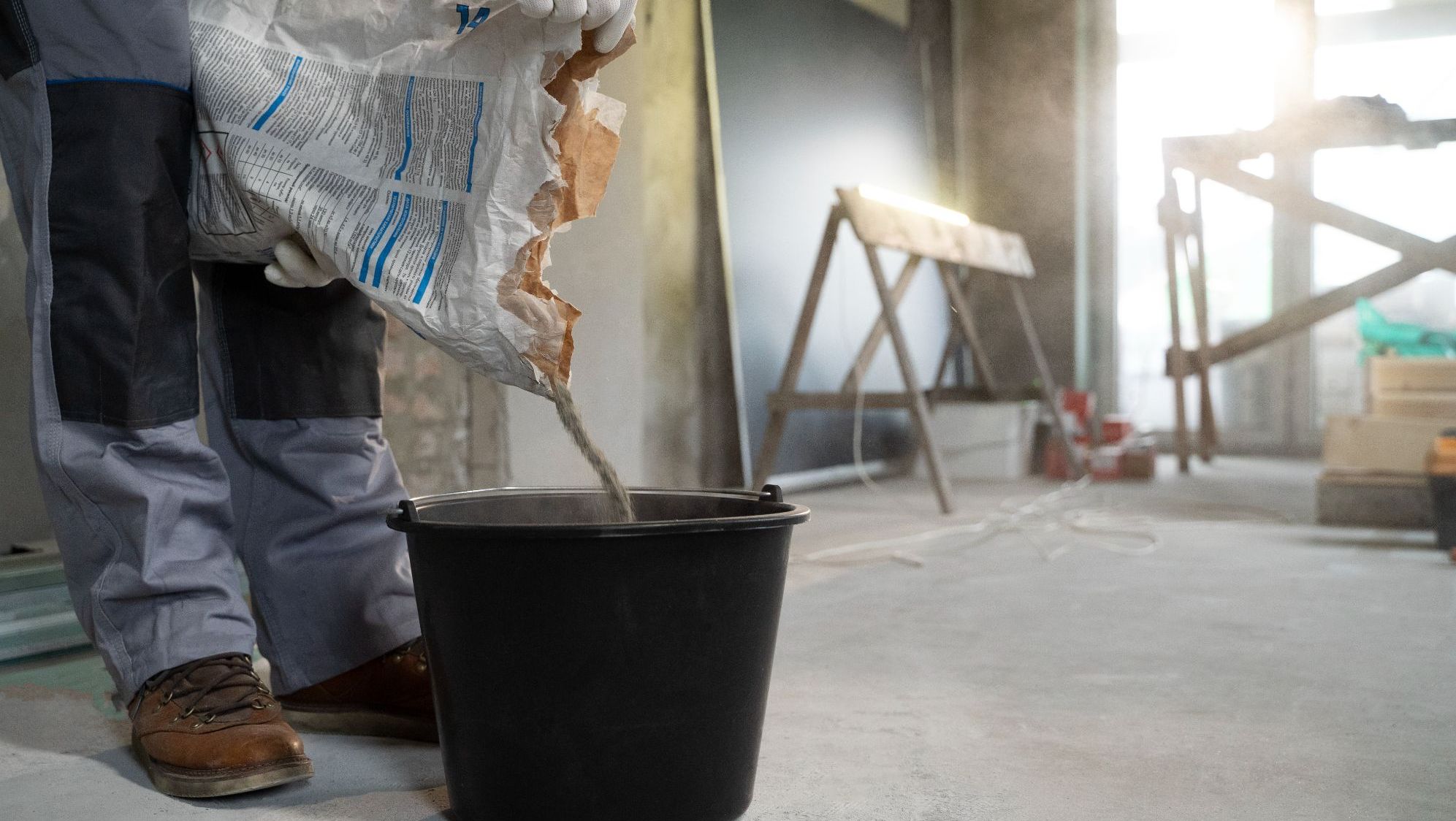 Mann blander betongblanding i bøtte